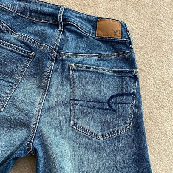 American Eagle Super Stretch 00R Festival Crop Wide Leg Jeans Raw Fringe Hems - Picture 7 of 9